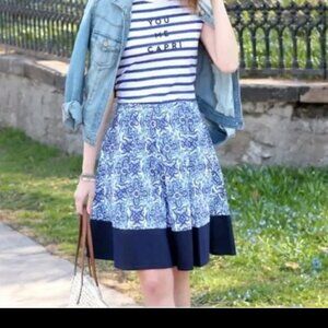 Milly Mixed Tile Print A-Line Skirt Blue White Pleated Size L